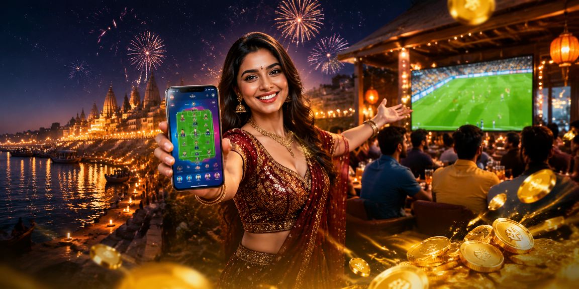 Young Indian woman enjoying Teen Patti on mobile device near river ghats at sunrise
